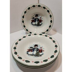 Vintage GEI Design Snowmen Soup/Cereal Bowls Set Of 4 Holly Leaf  Diameter 7"